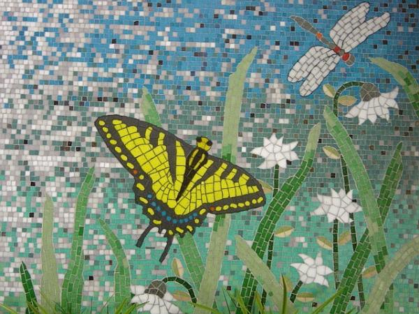 Dragonfly mosaic with different colour grout