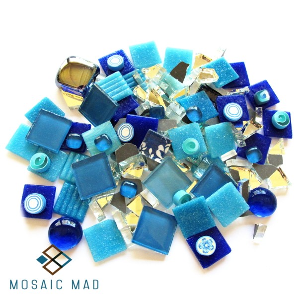 mosaic, tiles, blue, mirror, crystal glass, clear glass, millefiori, ceramic, pack, decoupage