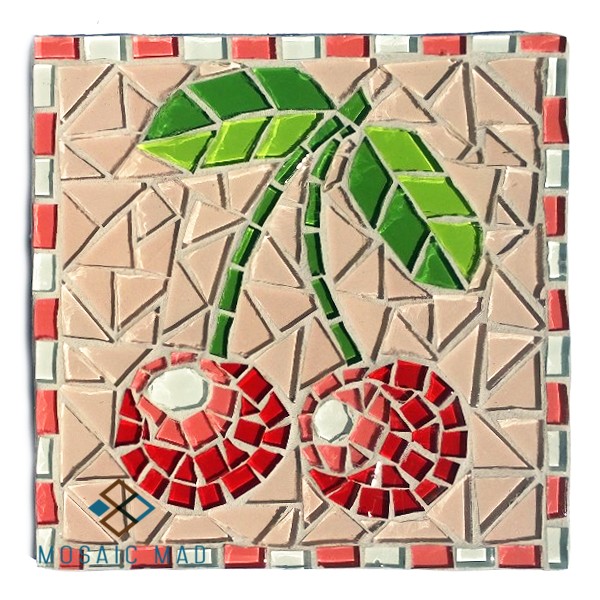 mosaic project, diy kit, mosaic, cherries, red, crystal glass, mosaic, tiles